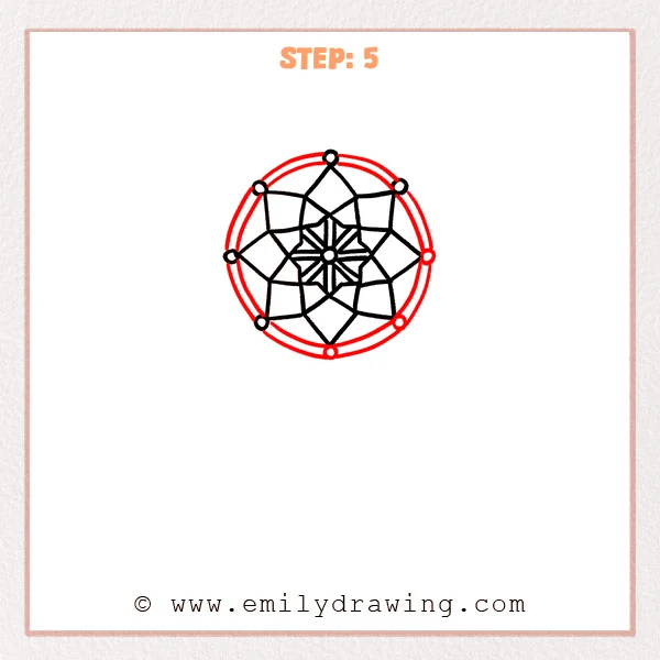 how to draw a dream catcher - A dream catcher drawing with a double-line outer hoop added around the web and small anchor rings spaced along the rim.
